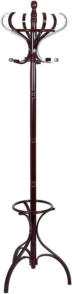 Home Vida Coat Stand in Mahogany Finish 3 Leg Bentwood Solid Wood Coat Hat Umbrella Floor Standing Rack Premium