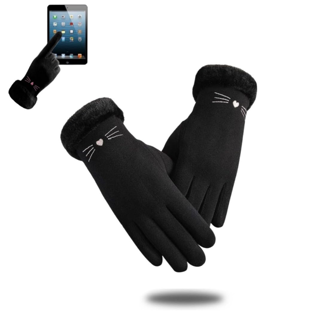 Women's Simple Cute kitty design Plush Fur Cuff Winter Gloves Warm Windproof Cold Resistant warm Velvet inside Touch Screen Gloves for girls-image-8
