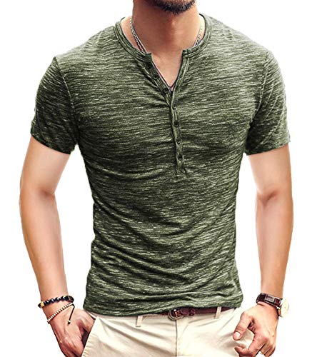KUYIGO Men's Henley Shirts Short Sleeve Slim Fit Summer Shirts(Medium, 01 Army Green)