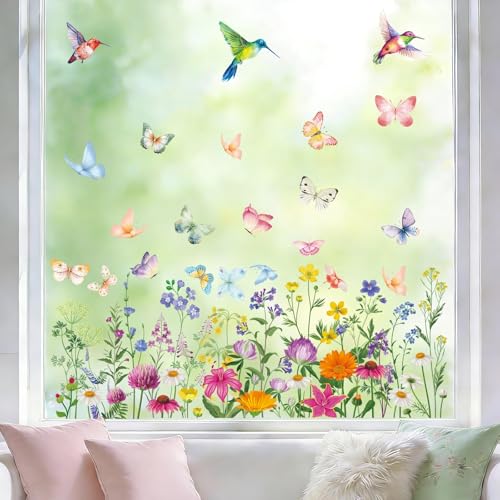 AhfuLife Pegatinas para Ventanas de Primavera, 9 Pegatinas Doble Cara y Reutilizables para Ventanas de Primavera con Flores, Mariposas y Pájaros, para Decoración del Hogar, Pascua (Estilo 3)