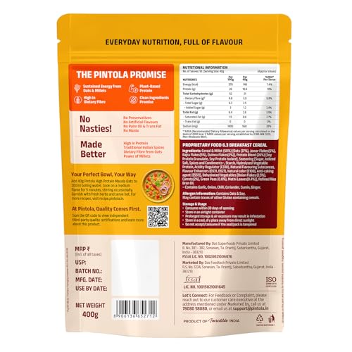 Image of Pintola 26g High Protein Masala Oats 400g, Magic Masala, Breakfast Cereal with High Fiber & Veggies, No Palm Oil, No Preservatives, 5 min Healthy Snack, Helps Manage Weight, Gym Endurance & Gut Friendly
