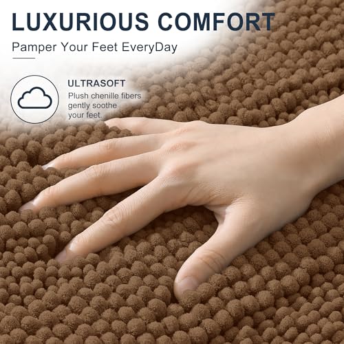 Image of Smiry Thick Chenille Bathroom Rugs 36x24, Extra Soft Absorbent Striped Bath Mat, Machine Washable, Rubber Backing, Bath Rugs for Bathroom, Tub & Shower, Modern Home Decor Accessories, Mocha