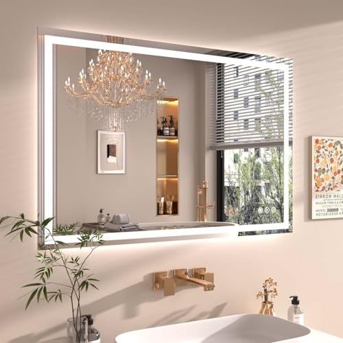 48"X30" LED Bathroom Mirror with Front Lights and Backlit, Anti-Fog, Dimmable, Shatter-Proof Tempered Glass, Lighted Bathroom Vanity Mirror for Wall with 3 Colors, Memory Function