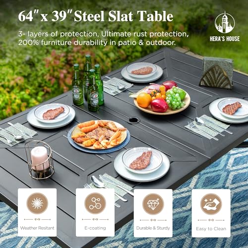 Image of HERA'S HOUSE Patio Table for 6, 64 inch Metal Dining Table w /Umbrella Hole