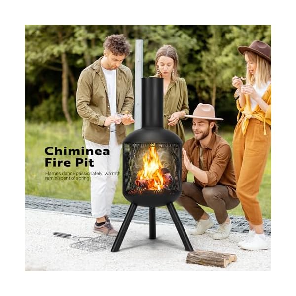 VIVOHOME 46 Inch Chiminea Outdoor Fireplace, Cold-Rolled Steel Wood Burning Fire Pit with Mesh Design, Top Chimney Cover, and Fire Poker Ideal for The Patio, Garden, and Backyard Black - Image 3