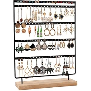 QILICZ Sieradenstandaard, oorbelhouder, 100 gaten, oorbelstandaard, 5 etages, metalen oorbelorganizer met houten basis…