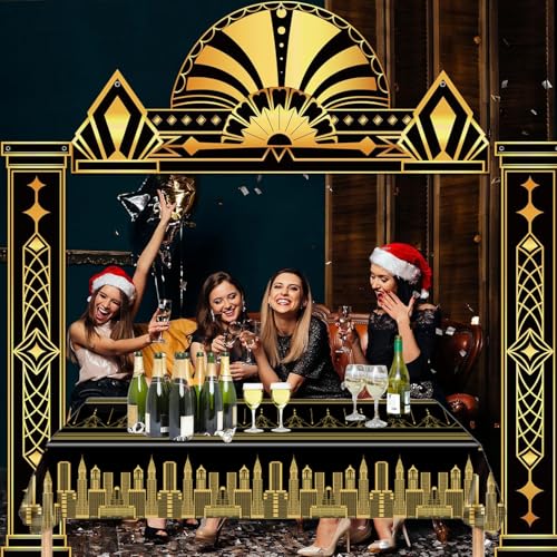 Image of 3pcs Roaring 1920's Party Decorations Great 20's Plastic Tablecover Table Cloth for Black and Gold Birthday Music Party for Hollywood 1920s Birthday Speakeasy Retro Flapper Wedding Party Supplies