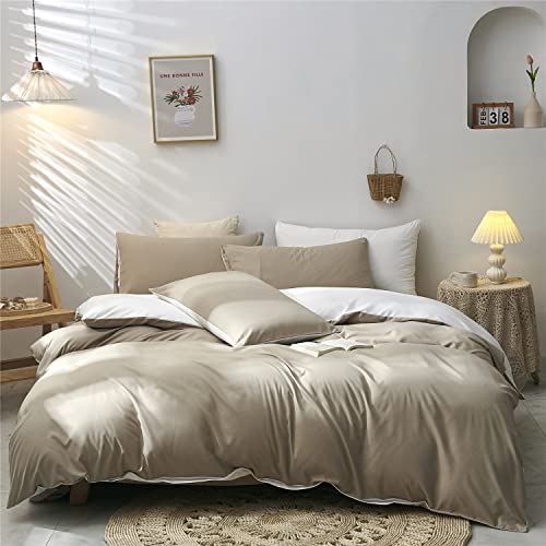 Boqingzhu Bettwäsche 135x200cm Braun Beige Weiß Uni Wendebettwäsche Set Microfaser Bettbezug und Kissenbezug 80x80cm mit Reißverschluss Cover