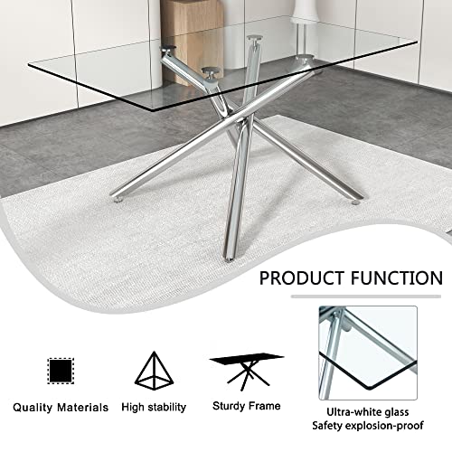 63 Inch Glass Dining Table For 6, Silver Legs Rectangular Glass Kitchen Table, Glass Top Dining Table For 4-6 Persons Table Furniture For Home Office Kitchen Dining Room #TOP5