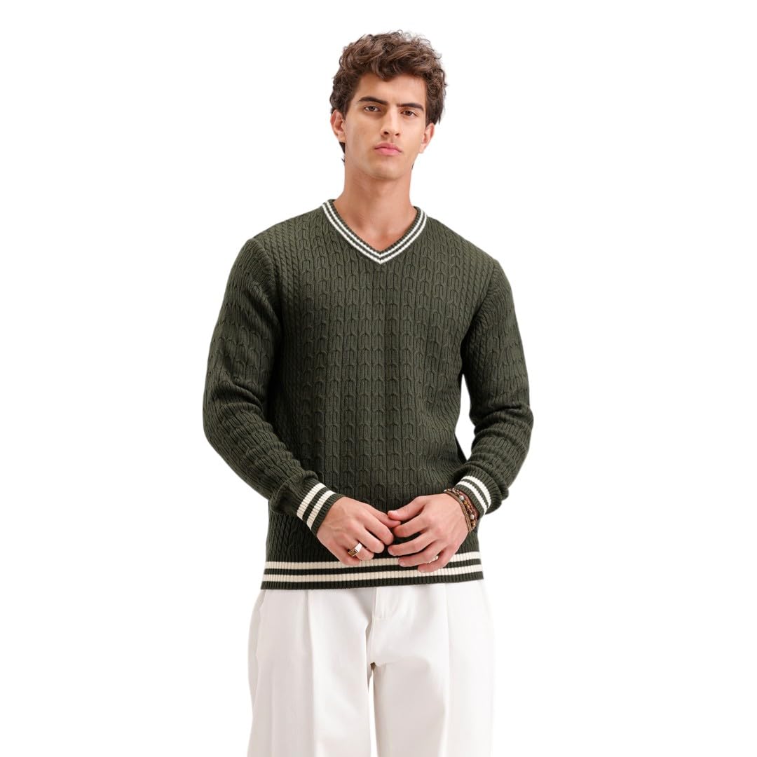 wrogn Men's Cable Knit Sweater | V-Neck | Slim Fit-picture-13