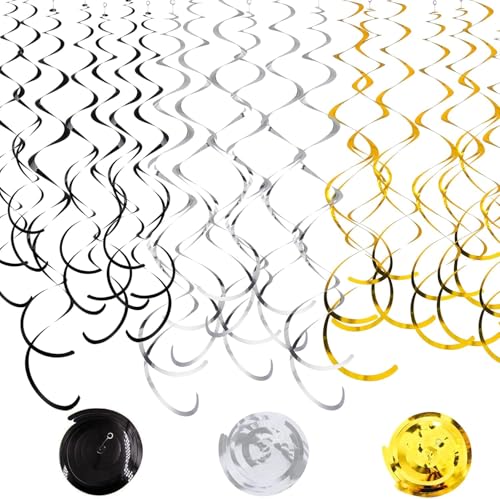 Hanging Swirl Party Decorations Foil Decorations Ceiling Swirl Spiral Hanging Plastic Streamer for Ceiling Birthday Graduation Wedding Celebration Baby Shower Party Supply (Black Gold Silver)
