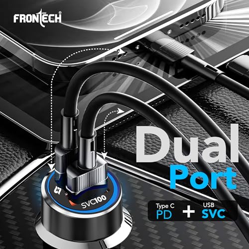 Image of FRONTECH Super-Fast Car Charger | 145W Dual Port | Type-C PD 45W + USB QC 100W | Anti-Vibration | Compact Design | 1M Type-C Cable | Secure Fit (CCH-0005)