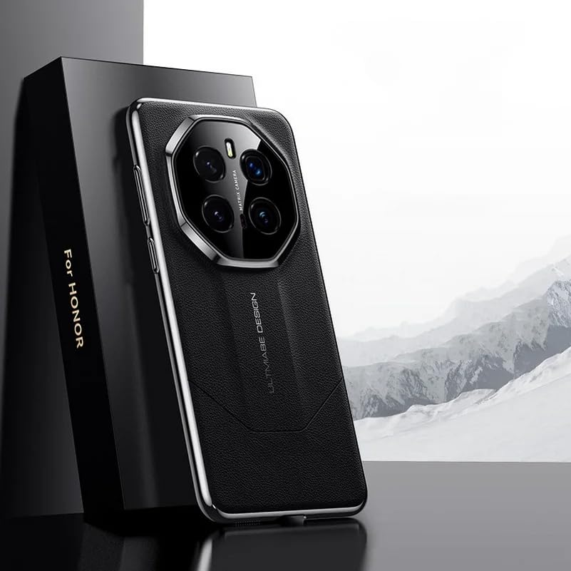 Gruattreay Luxury PU Leather Case Compatible with Honor Magic 7 Pro,with Lens Protector,Anti-fingerprint Leather Phone Case for Magic 7 Pro (Black)