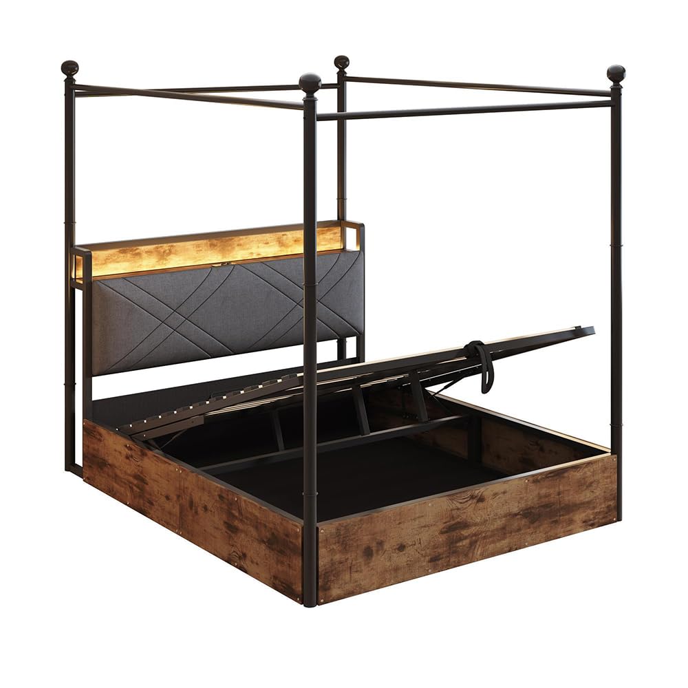 Sweiko Lit Simple Multifonctionnel en Fer 140 * 190 cm, Cadre de lit pour Adolescent avec mécanisme de Levage hydraulique, Espace de Rangement et baldaquin en Fer forgé, avec Montants Amovibles