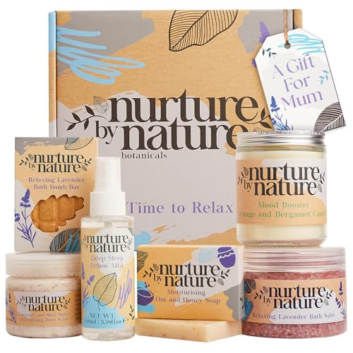 NURTURE BY NATURE Self Care Gift Set for Women β 6 Piece Relaxing Bath & Body Spa Gift Basket with Bath Bomb, Hand Cream & Scented Candle β Self Care Gifts for Valentineβs Day & Motherβs Day Gift