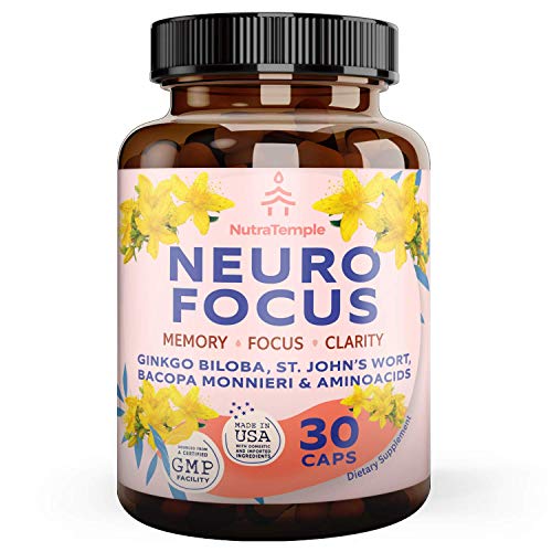 Brain Booster Supplement Nootropics - Neuro Focus for Brain Health, Memory, Clarity, Focus, Stress Relief, Anxiety with Gingko Biloba, Bacopa Monnieri, St. Johns Wort - 30 Brain Food Capsules