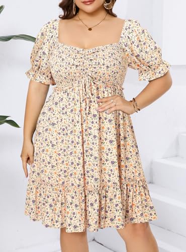 Image of Pinup Fashion Plus Size Summer Dresses-2026 Casual Puff Sleeve Sweetheart Neckline Smocked Short Babydoll Dress