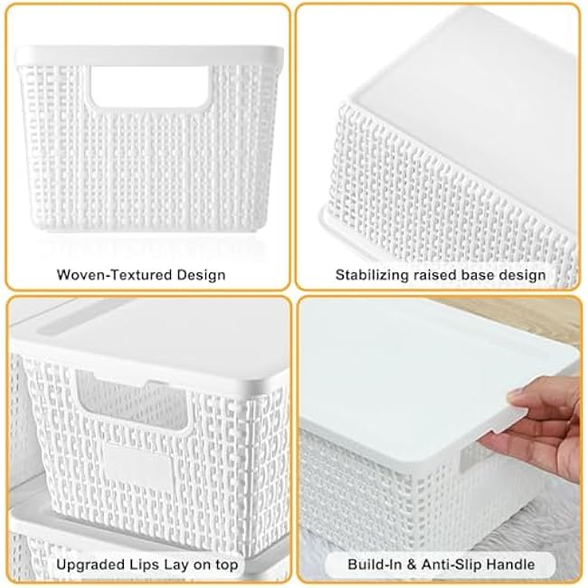 Plastic Storage Baskets with Lids - Stackable Storage Bins Small Container for Livingroom,Pantry,Closet,Classroom, Office Home Storage and Organization, 6 Pack, White