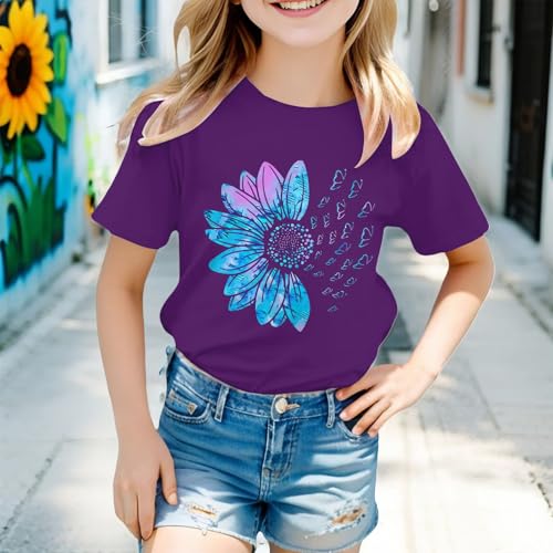Girls Sunflower Print T-Shirt Short Sleeve Graphic Tees Butterfly Flower Blouse Tween Girls Crewneck Tops Cute T-Shirt3