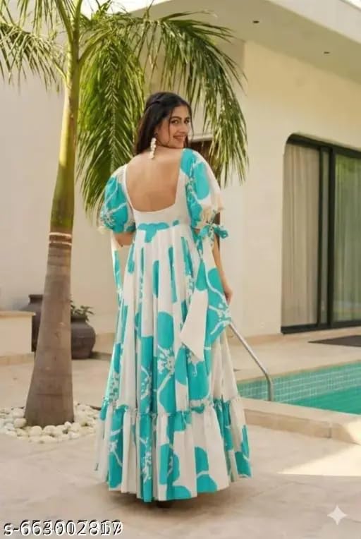 Image of Women Floral Printed Tiered Maxi Dress with Puff Sleeves, Empire Waist, Tie-Up Detail, Flared Long Dress for Casual Wear, Summer Outings, Vacation & Resort Wear - Causal Gown for Women