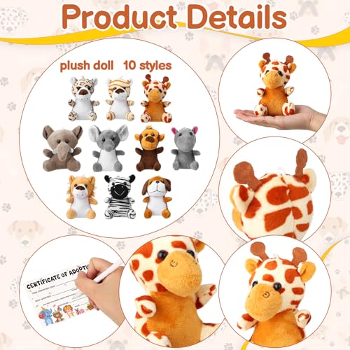 Guiqulai 40Pcs Adopt A Pet Party Favors Mini Stuffed Animals Plush Toy Set Includes 10Pcs Safari Jungle Animal Plush Toys, Birthday Hats, Kraft Paper Boxes, Adoption Cards for Adopt A Animal Party - Thumbnail 3
