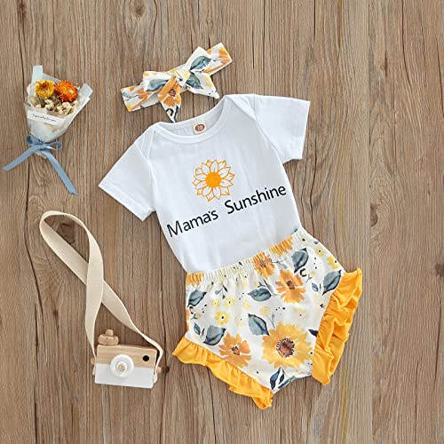 Image of Newborn Baby Girl Clothes Snap Cotton Bodysuit Floral Shorts Baby Headband Infant 3Pcs Outfits Summer Set