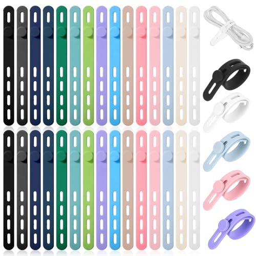 Classicseali 30 Stück Silikon Kabelbinder,Kabelbinder Gummi,Silicone Cable Ties,Wiederverwendbare Kabel Organizer Bunt für Kopfhörer,Telefon,Ladegerät,Audiokabel,Computer,Mehrfarbig