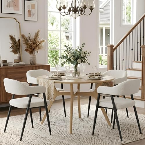 Image of HNY Modern Dining Room Arm Chairs Set of 2, Mid-Century White Faux Sherpa Boucle Upholstered Barrel Dining Chairs with Arms, Black Metal Legs, Open-Back Kitchen Side Chair for Living Room
