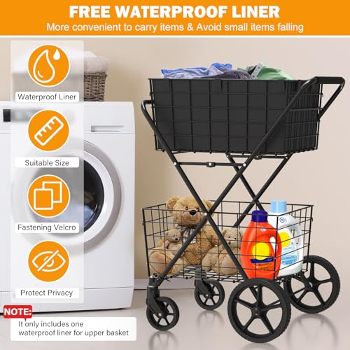 Image of 2-Tier Collapsible Shopping Cart for Groceries, 400Lbs Heavy Duty Grocery Cart with 2 Removable Storage Baskets, 360 Rolling Swivel Wheels, Waterproof Liner, Large Utility Carts for Transport Gift