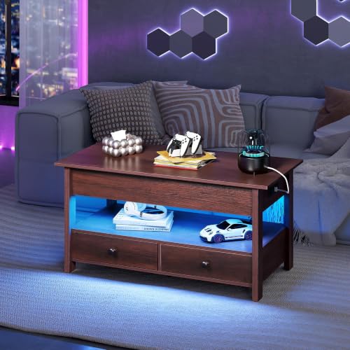 Image of WLIVE Lift Top Coffee Table with LED and 2 Drawers, Espresso