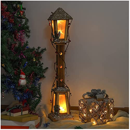 YJKJ Christmas Decoration- 2.78Ft Glitter Snow Topped Wooden Lamppost with Rotating Star Light, Frosted Star Windows, Home Garden Christmas Ornaments