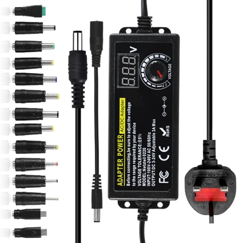 QESSUVNC Universal Power Adapter AC 100V~240V To DC 3V~24V 3A 72W, Adjustable Variable Power Supply With 14 Kinds of Plugs, AC/DC Adapter Charger With Display Screen And Polarity Converter