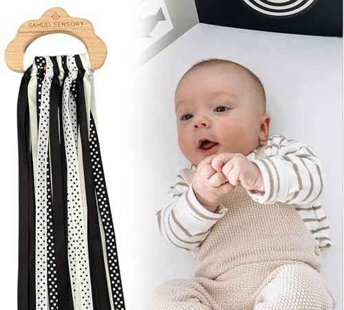 Image of Samuel Sensory Toys Cloud Ribbon - Black and White Baby Toys 0-3 Months Made with Beech Wood & Soft Grosgrain and Satin Ribbon - Developmental High Contrast Baby Toys & Tummy Time Toys