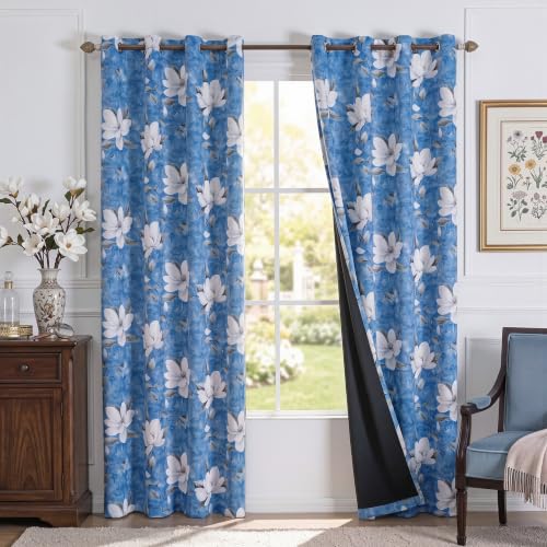 Image of MYSKY HOME Floral 95% Blackout Curtains 90 Inch Length 2 Panels Dusty Blue