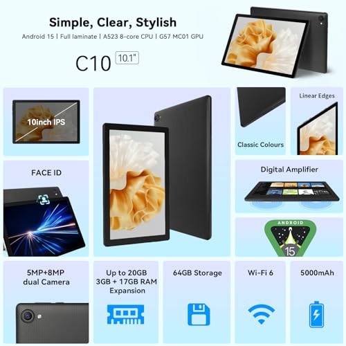 Whitedeer Android Tablet 10 Zoll - Android 15 Octa Core Gaming Tablet mit 20GB+64GB+1TB TF, Tablet PC mit OTG-Übertragung und Wi-Fi 6G, Widevine L1,5000mAh - Schwarz