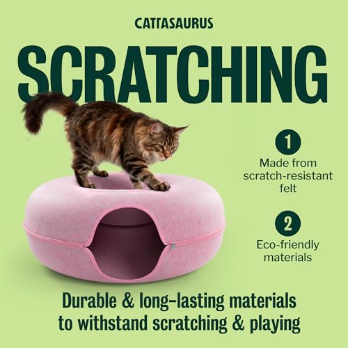 Image of Cattasaurus Peekaboo Cat Cave Donut for Multiple & Large Cats up to 30-45 lbs, 3-in-1 Self Warming Cat Bed, Tunnel & Scratcher for Indoor Cats, Washable & Detachable Small Dog Bed (Pink, Jumbo)