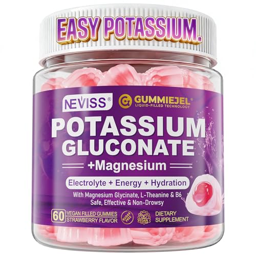 Potassium Gluconate 1300mg Gummies for Adults Women & Men, Potassium Supplements w/Magnesium Glycinate, B6 & L-Theanine, Electrolyte Gummies for Hydration, Energy, Muscle&Night Leg Cramp Relief, 60Ct