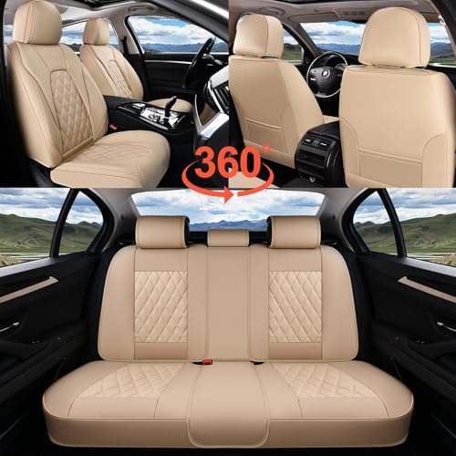 Image of Coverado Front Seat Covers, Luxury Faux Leather Seat Covers for Cars, Beige Car Seat Covers, Car Seat Protector Waterproof, Automotive Interior Accessories Universal Fit for Most Cars Truck SUV Sedan