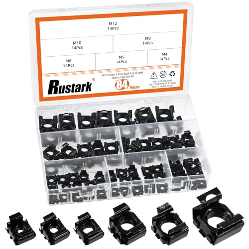 Rustark 84Pcs 6 Sizes Black Carbon Steel Cage Nut Metric Snap-in Cage Nuts Square Rack Mount Clip Nuts Captive Nut Rack Nuts for Server Shelve Cabinet