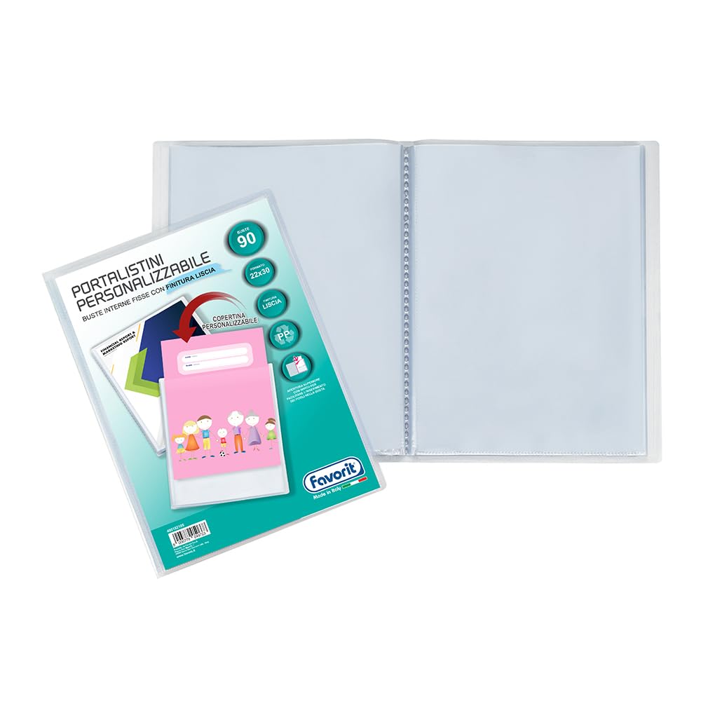 FAVORIT Display Book with Fixed Envelopes and Front Pocket Customizable for Sheets 90 Envelopes, 22 x 30 cm, Transparent