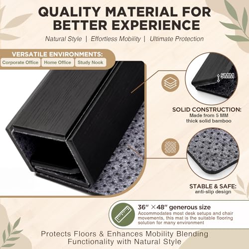 Image of Leinuosen 36 inch x 48 inch Office Bamboo Chairmat for Carpet Floor Mat Highly Premium Quality Anti-Slip Office & Home Floor Protector Low Pile Carpet Chair Mat, 5mm Thick(Without Lip, Black)