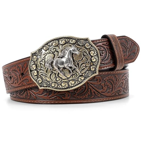 SANSTHS Cowboy Belts for Men Women Western Buckle Belt Cowboy Cowgirl Embossed Leather Belt for Jeans Christmas Gifts Belt