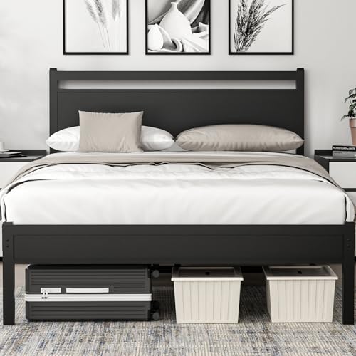 Easy Install 16 Inch Queen Size Bed Frame Metal Platform Bed Frame with Wooden Headboard and Footboard Mattress Foundation Large Under Bed Storage No Box Spring Needed Non-Slip Without Noise Black