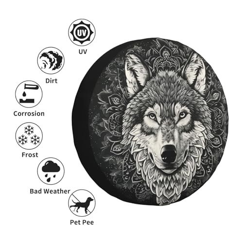 Image of KiuLoam Black Vintage Mandala Wolf Spare Tire Cover Waterproof Dust-Proof Universal Sunscreen Wheel Tire Covers Fit for Trailer, RV, SUV and Many Vehicle 14 Inch