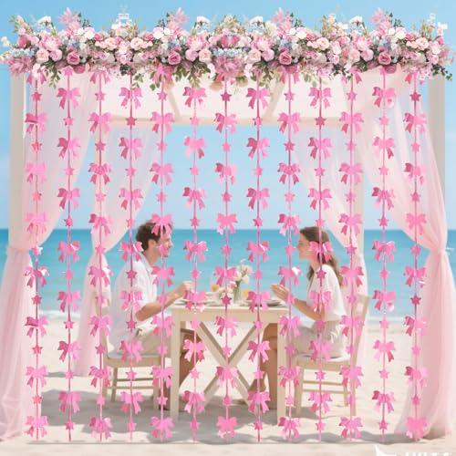 Image of Menstarsi Bow Foil Fringe Curtains, Pink Bow Birthday Backdrop, 2 Pack | Pink Bow Party Decorations Pink Coquette Party Supplies Photo Booth Props Backdrop for Baby Girls Bridal Shower Party Decor