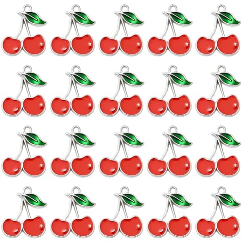 SUNNYCLUE 1 Box 60Pcs Cute Cherry Charms Red Cherries Charms Bulk Alloy Enamel Silver Metal Flat Small Dangle Food Fruit Pendants for Jewelry Making Supplies DIY Craft Necklace Bracelet Earring Women
