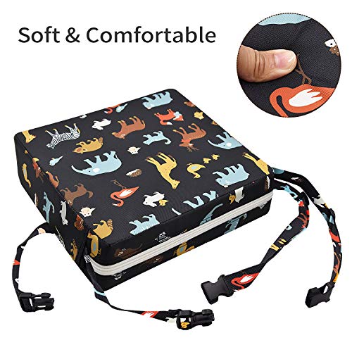 Image of Toddler Booster Seat Dining, Cartoon Canvas Washable 2 Straps Safety Buckle Kids Booster Seat for Dining Table, Portable Travel Increasing Cushion (Elephant-Black)