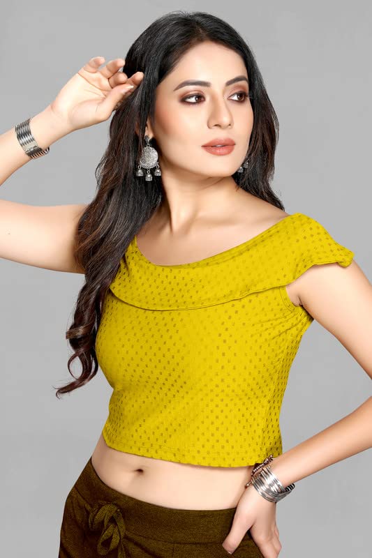 Image of Cotton Lycra Stretchable Off Sholder Short Sleeves Saree Blouse Readymade Crop Top Choli for Girls and Womens