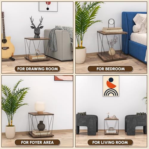 Image of JD FRESH Wooden End Table with Modern Metal Frame /Open Storage Shelf /Multi-Purpose Display & Storage Shelf /Stylish, Sturdy & Space-Saving Side Table for Living Room, Bedroom (Deep, Brown)