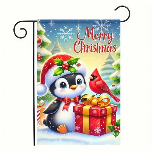 Image of BlissYard Christmas Garden Flag 12x18 Inch Penguins Yard Decor | Double sided polyester, penguins with scarves design, playful animal decor for Christmas porch and yard